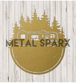 Gold metal RV monogram art piece by Metal Sparx with a sleek, modern design for RV decor.