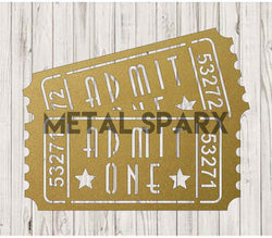 Gold-colored Metal Sparx Movies Admit One Ticket Pair metal art featuring vintage-style movie tickets for wall decor.