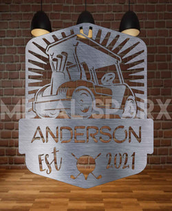 Metal Sparx golf cart monogram with custom engraved initials on a sleek metal design, perfect for golf cart personalization.