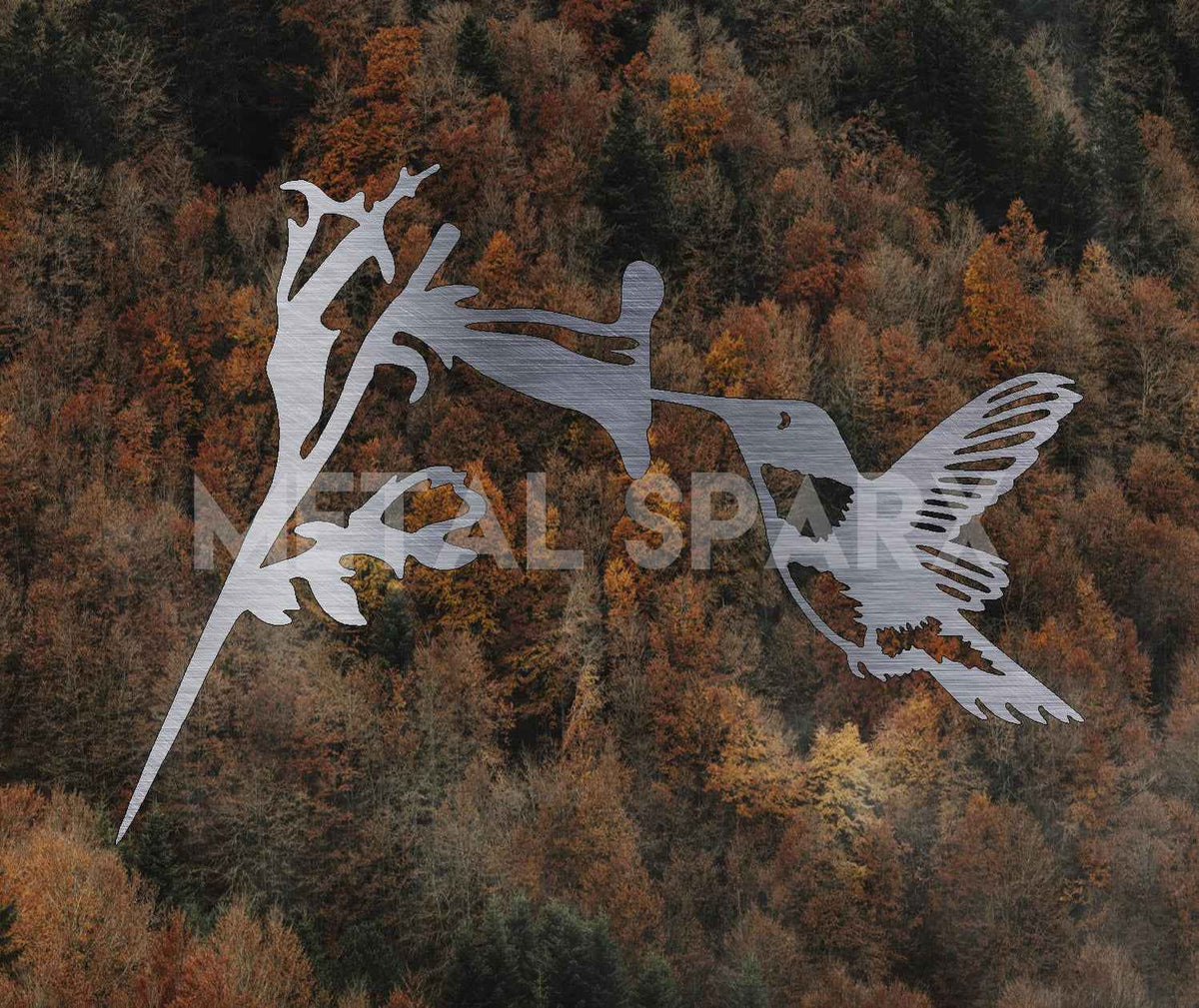Metal Sparx hummingbird sculpture with vibrant metallic feathers perched on a branch.