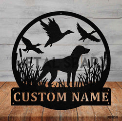 Metal Sparx hunting dog with alert stance, showcasing detailed breed features and outdoor hunting environment.
