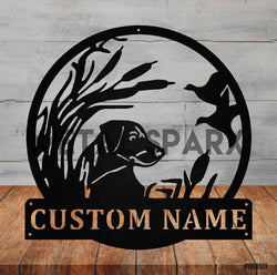 Golden Labrador hunting dog with a collar, standing outdoors in a natural setting, showcasing a Metal Sparx lab hunting dog product.
