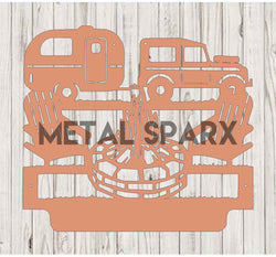 Metal Sparx custom camping monogram metal art with engraved initials on a rustic metal background.