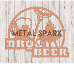 Metal Sparx BBQ and beer-themed graphic design on a printed item, featuring bold imagery of a barbecue grill and beer mug.