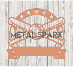Metal Sparx Bat & Ball Monogram metal art featuring a stylized bat and ball design on a flat metal surface.