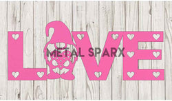 Pink garden gnome statue with a love-themed design from Metal Sparx, featuring a cheerful gnome with love accents.