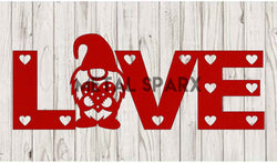 Red metal gnome statue with "Love" inscription by Metal Sparx, perfect for garden or indoor decor.