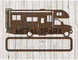 Rust-colored metal art of a Class C motorhome with monogram design by Metal Sparx, showcasing detailed craftsmanship.