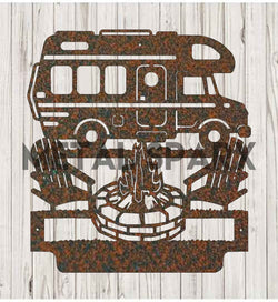 Rust-colored Metal Sparx custom camping monogram metal art with engraved initials on a rustic outdoor background.