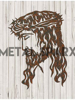 Rust-colored metal Jesus sculpture by Metal Sparx, featuring detailed religious figure with weathered, textured finish.