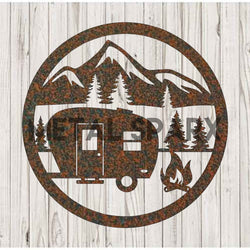 Rust-colored metal art camping scene by Metal Sparx featuring a tent, trees, and campfire scene in detailed metal craftsmanship.