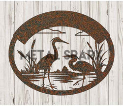 Rust-colored Herons Monogram metal wall art by Metal Sparx showing intricate bird design on a textured background.