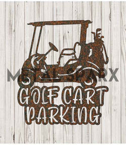 Rusty Metal Sparx golf cart parking stand with weathered metal surface and sturdy construction for secure golf cart parking.