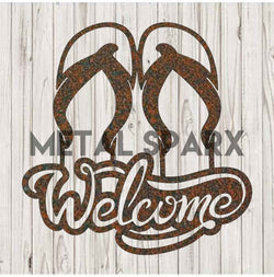 Rust-colored metal flip flop sculpture by Metal Sparx, featuring a welcoming, artistic design with intricate details.