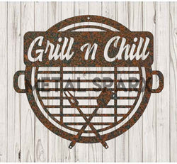 Rusty Metal Sparx Grill N Chill outdoor grill with weathered metal surface and sturdy design for outdoor cooking and relaxing.