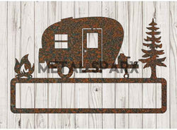 Rust-colored metal camper custom name plaque by Metal Sparx, personalized metal art with engraved name for outdoor decor.