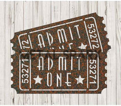 Rust-colored Metal Sparx Movies Admit One Ticket Pair metal art, featuring vintage-style ticket designs on a durable metal surface.
