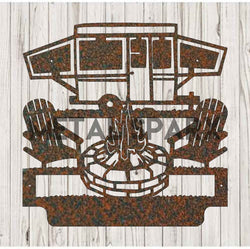 Rust-colored Metal Sparx custom camping monograms metal art featuring engraved initials on a textured metal surface.