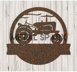 Rusty vintage tractor monogram metal art by Metal Sparx, featuring a detailed, weathered tractor design for rustic wall decor.