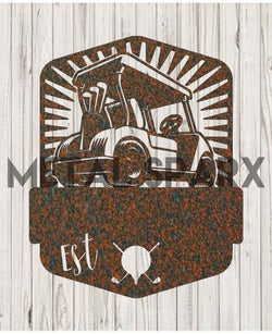 Rust-colored Metal Sparx golf cart monogram with engraved initials on a metal surface.