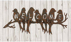 Rust-colored metal Welcome Birds sculpture by Metal Sparx, featuring detailed bird figures perched on a decorative base.