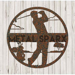 Rust-colored Metal Sparx golf monogram for males, featuring a personalized golf-themed design on a metal surface.