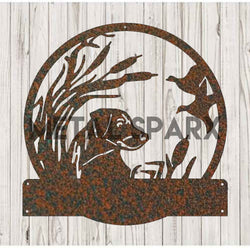 Rust-colored Metal Sparx Lab hunting dog sculpture with detailed features and realistic appearance.