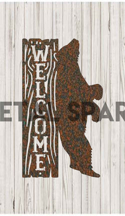 Rusty metal bear scratching sculpture by Metal Sparx, detailed close-up of textured, weathered outdoor decor piece.