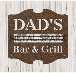 Rusty Metal Sparx Dad's Bar & Grill sign with weathered finish, featuring bold lettering and vintage appeal.