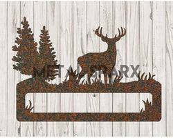 Rust metal deer address sign by Metal Sparx with engraved numbers, outdoor decorative house number plaque.