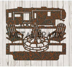 Rust-colored Metal Sparx custom camping monograms metal art piece with engraved personalized initials.