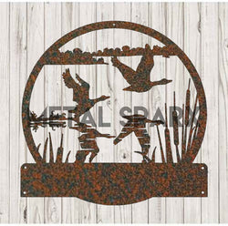 Rust-colored metal sculpture of geese taking flight by Metal Sparx, showcasing detailed bird figures in mid-air.