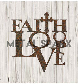 Rust-colored metal Faith Love Hope wall decor by Metal Sparx featuring inspirational words in a rustic finish.