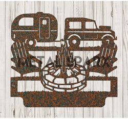 Rust metal art featuring custom camping monograms by Metal Sparx, showcasing personalized outdoor-themed decorative metal design.
