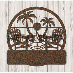 Rust-colored Metal Sparx Beach Fire Pit with monogram design, perfect for outdoor gatherings and beachside fires.