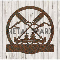 Rust-colored Metal Sparx Canoe & Oars Monogram metal art piece with intricate design, suitable for wall decor or outdoor display.
