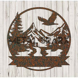 Rust-colored Mountain Valley Monogram metal wall art by Metal Sparx featuring a stylish mountain and letter design.