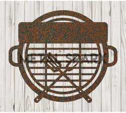 Rust metal BBQ monogram sign with letter design, crafted by Metal Sparx for outdoor grilling decor.