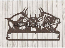 Rust-colored metal duck, deer, and fish monogram wall art by Metal Sparx, featuring intricate animal designs on a blank background.