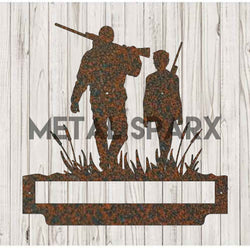 Rust-colored Metal Sparx Father & Son Hunting figurine set, detailed metal sculptures of a father and son in hunting attire.