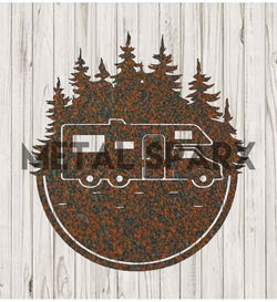 Rust-colored Metal Sparx RV Monogram metal art with a decorative letter design on a neutral background.