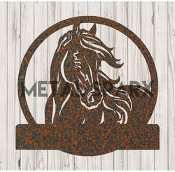 Rust-colored Metal Sparx horse monogram decorative metal art with intricate design and rustic finish.