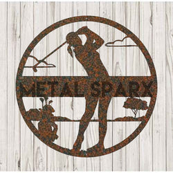 Rust-colored Metal Sparx golf monogram for females, featuring elegant initials on a durable metal surface.