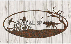 Rust-colored metal monogram featuring a pheasant and dog design by Metal Sparx, suitable for wall decor or personalized signage.