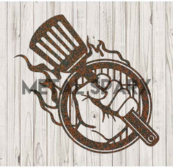 Rusty Metal Sparx grill hand with textured metal surface and ergonomic handle for safe grilling and outdoor cooking.