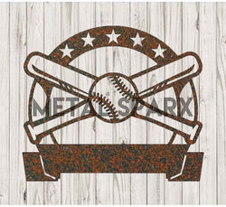 Rust-colored Metal Sparx Bat & Ball Monogram metal art wall decor with a vintage sports design.