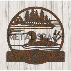 Rust-colored metal art of a loon with a baby, featuring monogram details, by Metal Sparx.