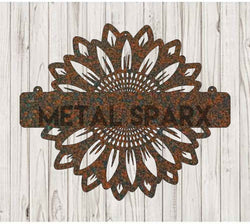 Rust-colored sunflower monogram letter by Metal Sparx, showcasing detailed metalwork and floral design on a neutral background.
