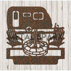 Rust-colored metal camping monogram art by Metal Sparx featuring personalized outdoor-themed metal decor.