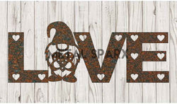 Rust-colored metal gnome statue with "Love" inscription, handcrafted by Metal Sparx, perfect for garden or home décor.